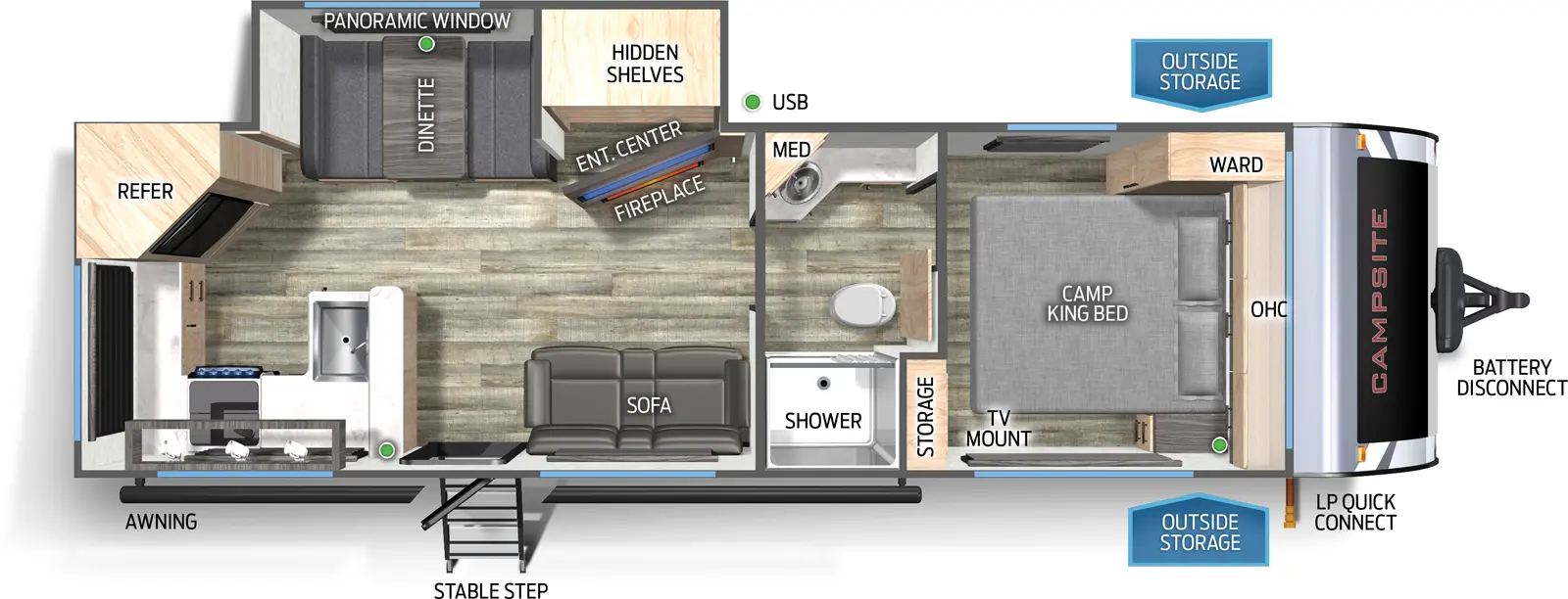 The Campsite Reserve 26TH floorplan has one entry and one slide out. Exterior features include: metal exterior. Interiors features include: rear kitchen, front bedroom and pass through bathroom.